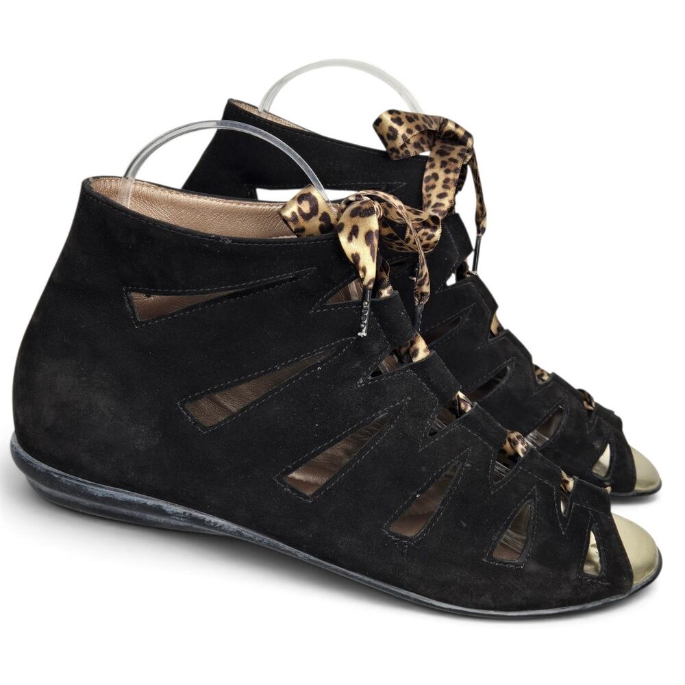 Beautifeel Gladiator Ghillie Sandals Black Nubuck Leopard Laces Size 39 /US 8.5